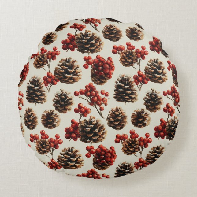 Pine Cones und Red Berries Wintermuster Rundes Kissen (Vorderseite)