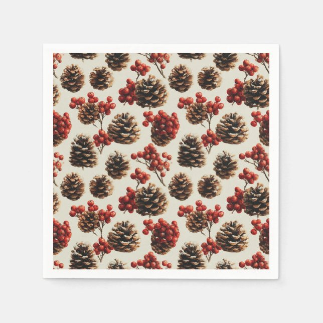 Pine Cones und Red Berries Wintermuster Serviette (Vorderseite)