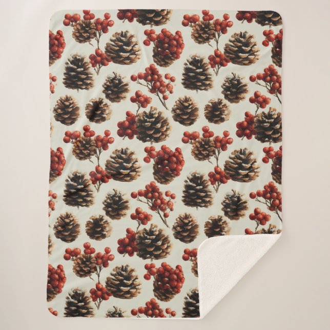 Pine Cones und Red Berries Wintermuster Sherpadecke (Vorderseite)