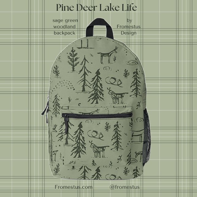 Pine Deer Lake Life - Salbei, grünes Waldmuster. Bedruckter Rucksack (Von Creator hochgeladen)