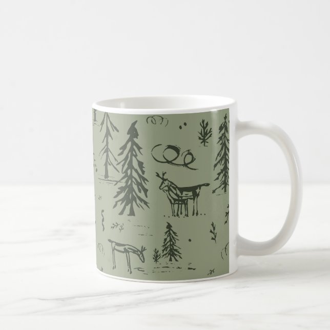 Pine Deer Lake Life - Salbei, grünes Waldmuster. Kaffeetasse (Rechts)