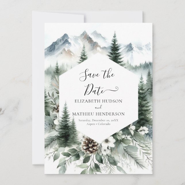 Pine Editable Mountain Wedding Save The Date (Vorderseite)