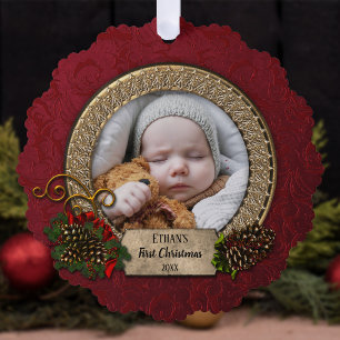 Pine & Elegante Gold Rahmen Erstes Weihnachtsfest Ornament Karte