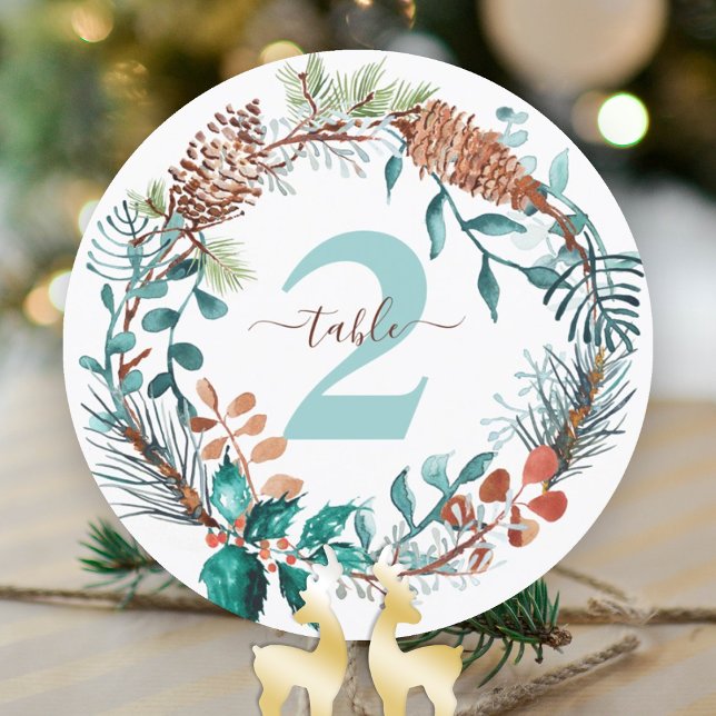 Pine Eucalyptus Pinecone Tischnummer (winter wedding rustic pine needles eucalyptus table numbers table top sign pinecones green brown)