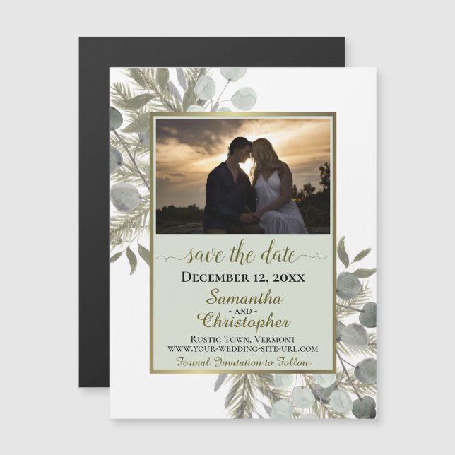 Pine Eukalyptus Wedding Save the Date Foto Sage Magneteinladung (Vorne/Hinten)