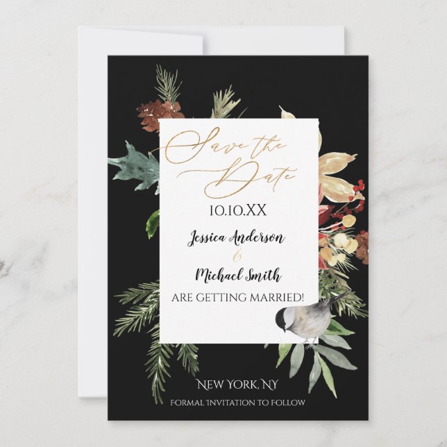 Pine Floral Gold Winter Save the Date Einladung (Vorderseite)
