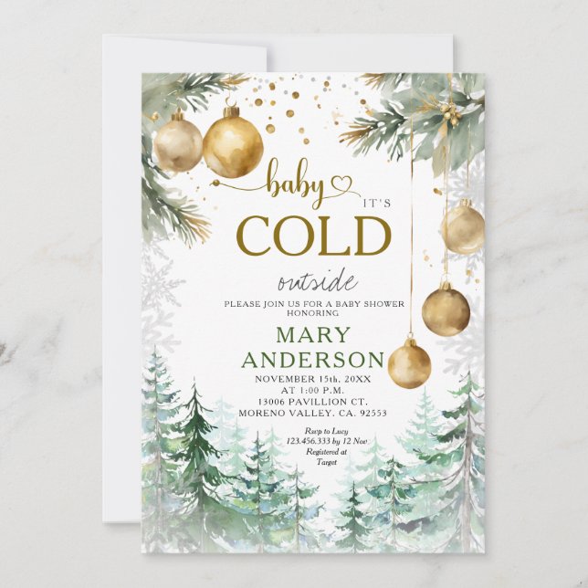 Pine Forest Gold Ornamente Weihnachtsdusche Einladung (Vorderseite)