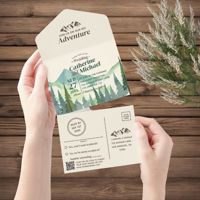Pine Forest Mountain Abenteuer QR-Code Hochzeit All In One Einladung (Von Creator hochgeladen)