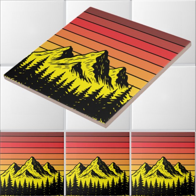 Pine Forest Over Mountains & Retro Sunset Frieze Fliese (Von Creator hochgeladen)