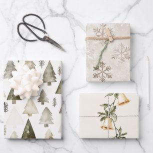 Pine Green Cream Christmas Bäume Glocken Schneeflo Geschenkpapier Set