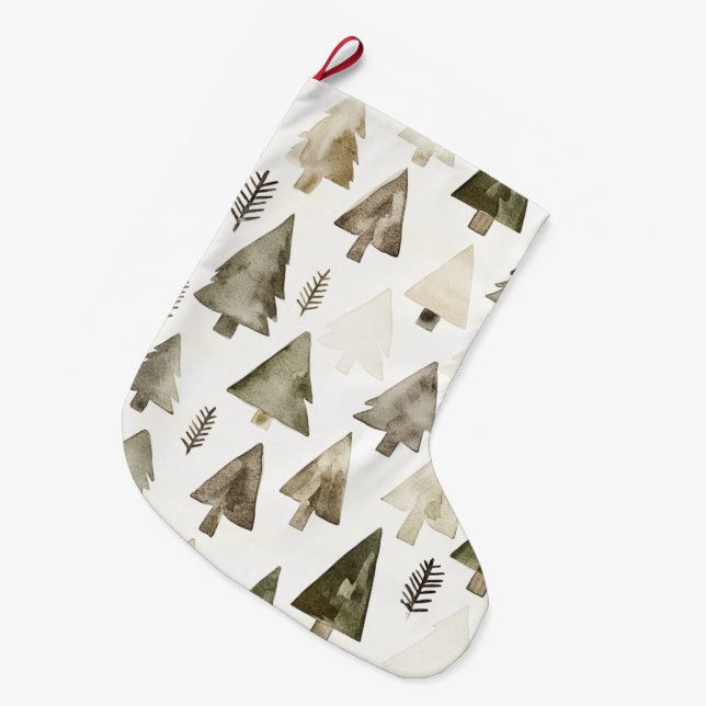 Pine Green Cream Christmas Trees Großer Weihnachtsstrumpf (Vorderansicht (hängend))