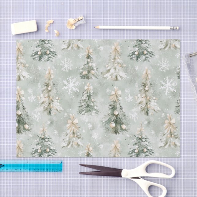 Pine Green Cream Christmas Trees Snowflakes Seidenpapier (Handwerk)
