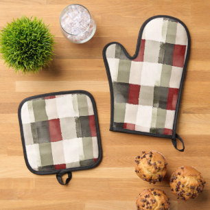 Pine Green Ivory Red Stripes Ofenhandschuh & Topflappen-Set