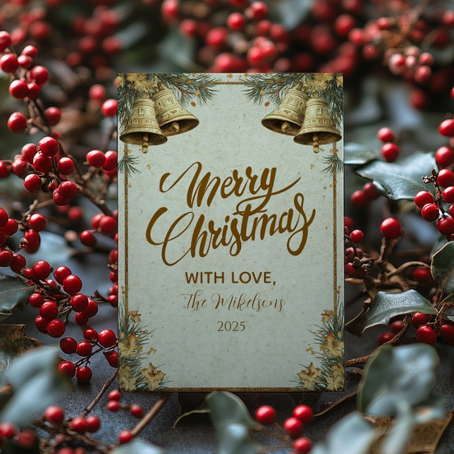 Pine Greenery Gold Bells Feiertagskarte (Von Creator hochgeladen)