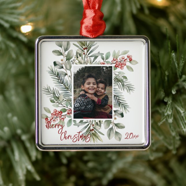 Pine Greenery Holly Foto Frohe Weihnachten Ornament Aus Metall (Baum)