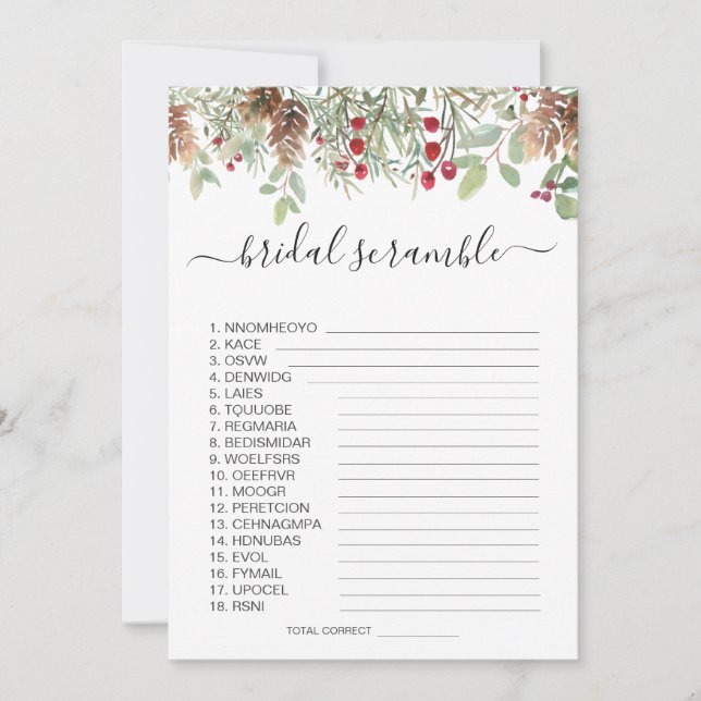 Pine Greenery Word Scramble Brautparty Game Einladung (Vorderseite)