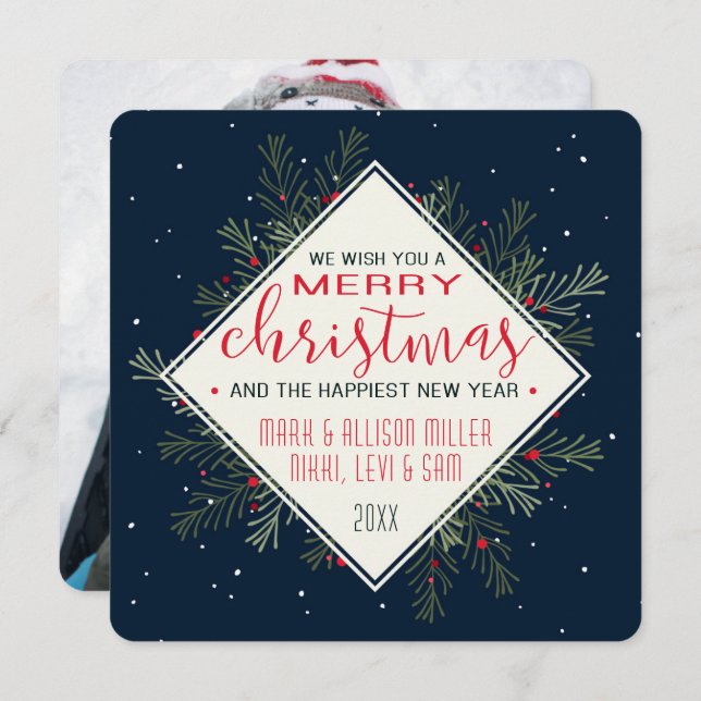 Pine Holiday & Mitternachtsschnee | Fotokarte Einladung (Vorne/Hinten)