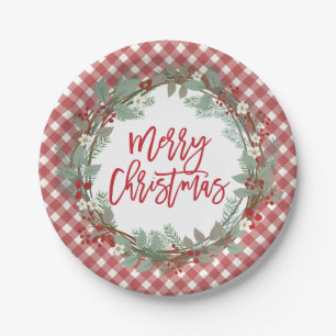 Pine & Holly Rustic Bauernhof Gingham Weihnachten Pappteller