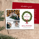 Pine Kreath 3 Foto | Weihnachtsbrief Feiertagskarte<br><div class="desc">Günstige, individuell gestaltete Fotokarten mit einer einfachen Vorlage für die Anpassung. Dieses moderne minimalistische Design besticht durch einen Kranz aus Kiefernästen und Kiefernzapfen mit rotem Bogen auf weißem Hintergrund. Fügen Sie auf der Rückseite Ihren persönlichen Weihnachtsbrief oder das Jahr in Rezension ein. Verwenden Sie die Designtools, um die Schriftart und...</div>
