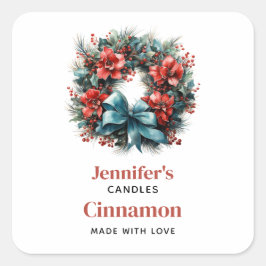 Pine Kreath mit Holly Christmas Candle Crafting Quadratischer Aufkleber