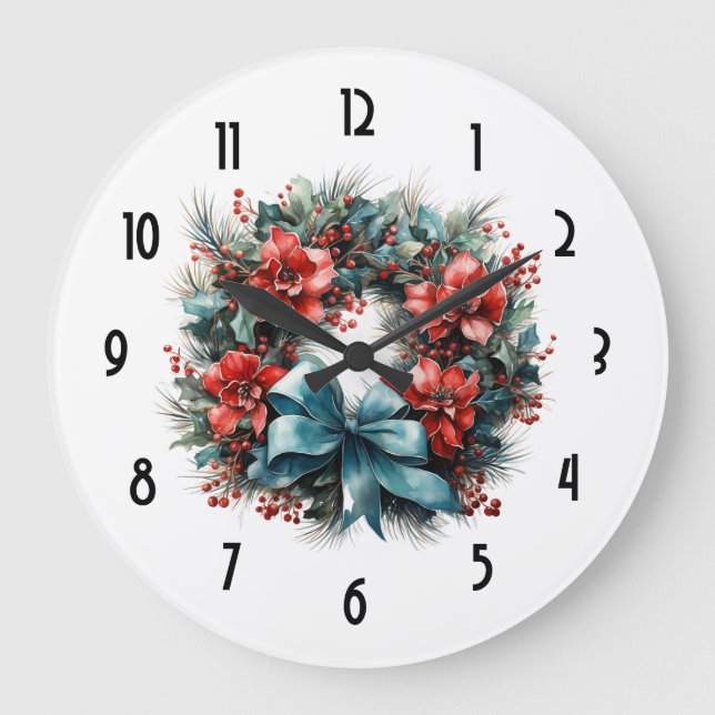 Pine Kreath mit Holly Christmas Große Wanduhr (Vorderseite)