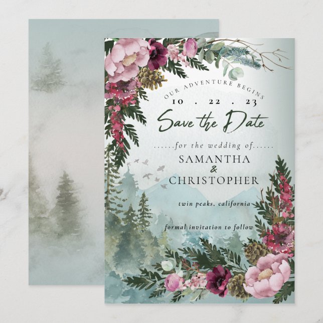 Pine Mountain Forest Burgundy Dusty Rose Save The Date (Vorne/Hinten)