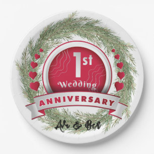 Pine Needle Wreath Red 1. Hochzeitstag Pappteller