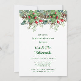 Pine Needles Red Berry Bridesmaids Luncheon Einladung