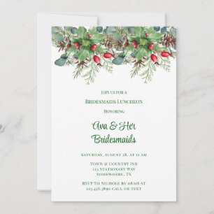 Pine Needles Red Berry Bridesmaids Luncheon Einladung
