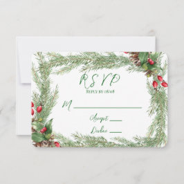 Pine Needles Red Berry Christmas RSVP Cards Dankeskarte