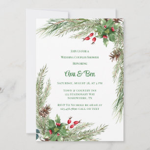 Pine Needles Red Berry Wedding Couples Dusche Einladung