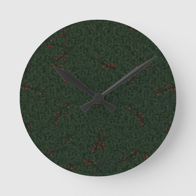 Pine Needles und Red Berries Runde Wanduhr (Vorderseite)