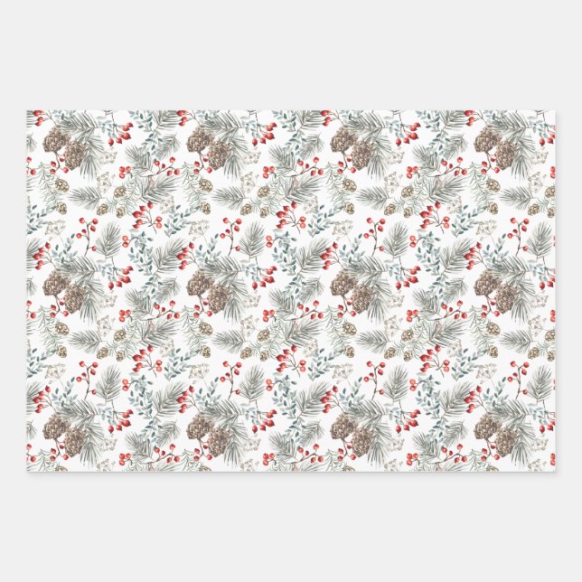 Pine Pine Cones Red Berries Weihnachten Geschenkpapier Set (Vorderseite)