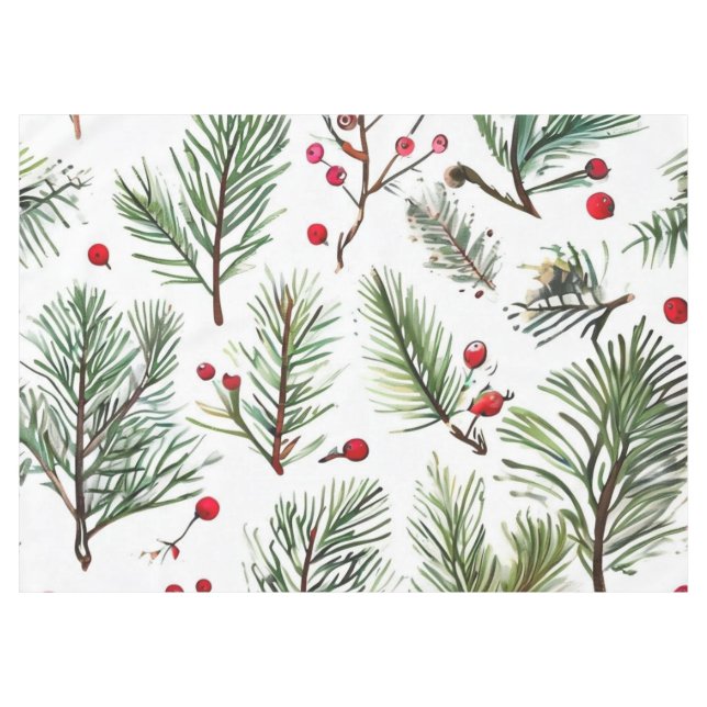 Pine & Red Berries Holzdesign Tischdecke (Vorderseite (Horizontal))