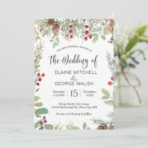 Pine Red Berry Winter Greenerity Wedding Einladung