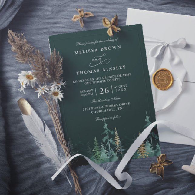 PINE Smaragdgrün und Gold QR-Code-Hochzeit Einladung (Von Creator hochgeladen)