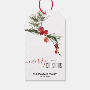 Pine Sprig Red Berries Frohe Weihnachten Editable Geschenkanhänger