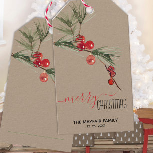 Pine Sprig Red Berries Frohe Weihnachten Editable Geschenkanhänger