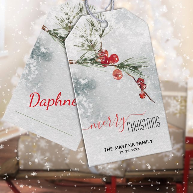 Pine Sprig Red Berries Snowstorm Frohe Weihnachten Geschenkanhänger (Pine Sprig Red Berries Snowstorm Merry Christmas Holiday Gift Wrapping Name Tag)