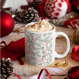 Pine Sprigs and Berries Custom Name Christmas Kaffeetasse