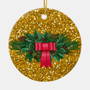 Pine Swag   Red Bow   Imitate Gold Glitzer Urlaub Keramik Ornament
