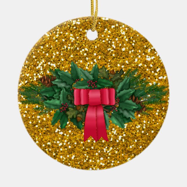 Pine Swag | Red Bow | Imitate Gold Glitzer Urlaub Keramik Ornament (Vorne)