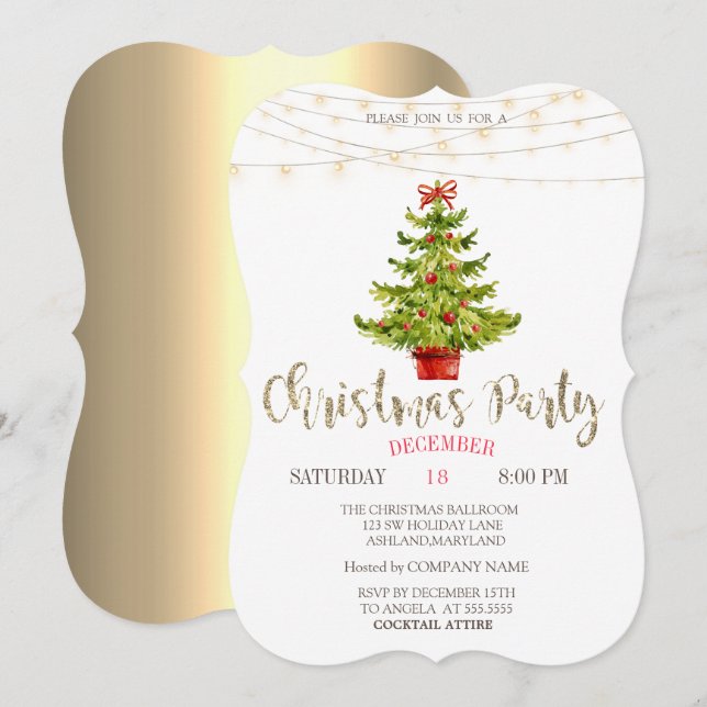 Pine Tree, Balls, Lights Gold Weihnachtsgebäck Par Einladung (Vorne/Hinten)