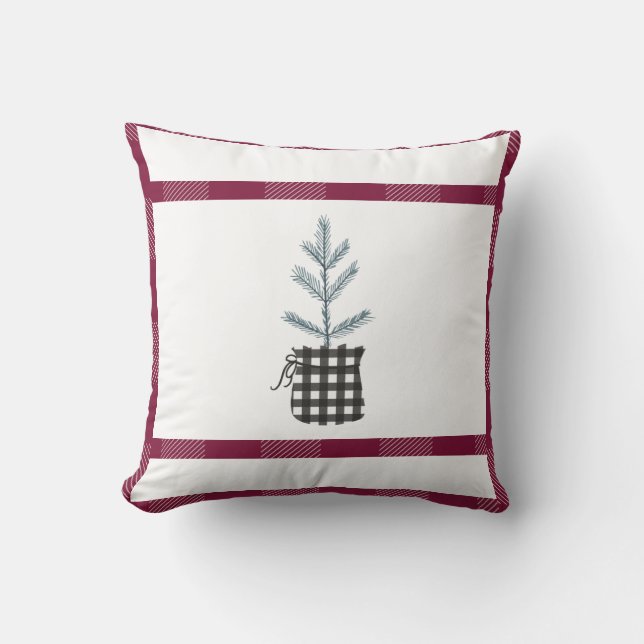 Pine Tree Black Red Holiday Country Kariert Kissen (Vorderseite)