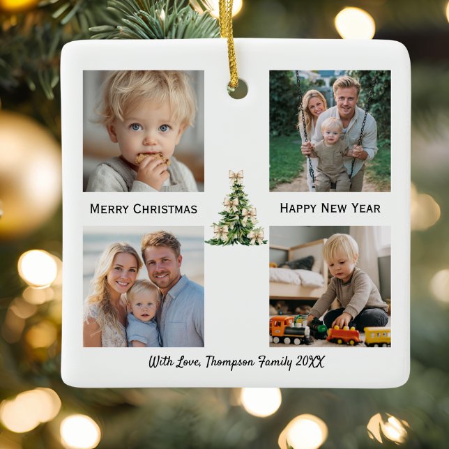 Pine Tree Bow Christmas Elegant Photo Custom Keramikornament (Von Creator hochgeladen)