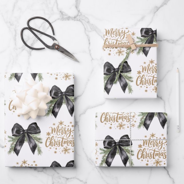 Pine Tree Branch Black Bow Gold Frohe Weihnachten Geschenkpapier Set (Vorderseite)