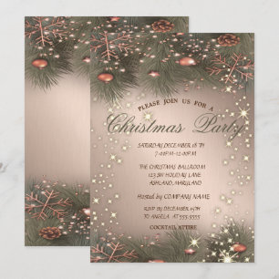 Pine Tree Branches, Balls, Rose Gold Weihnachten P Einladung