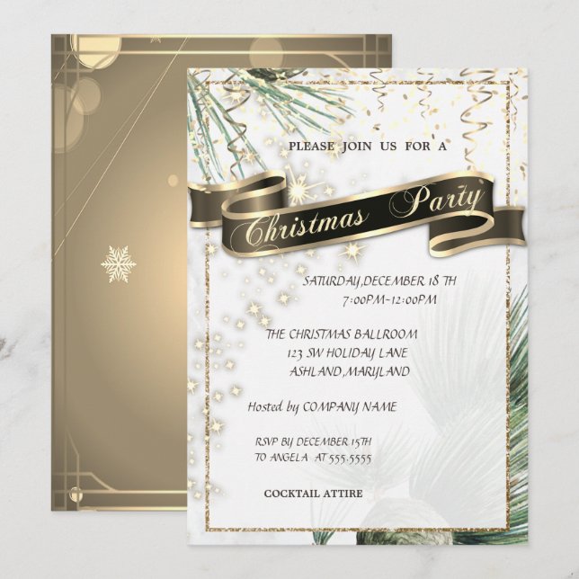 Pine Tree Branches Gold Christmas Company Party Einladung (Vorne/Hinten)