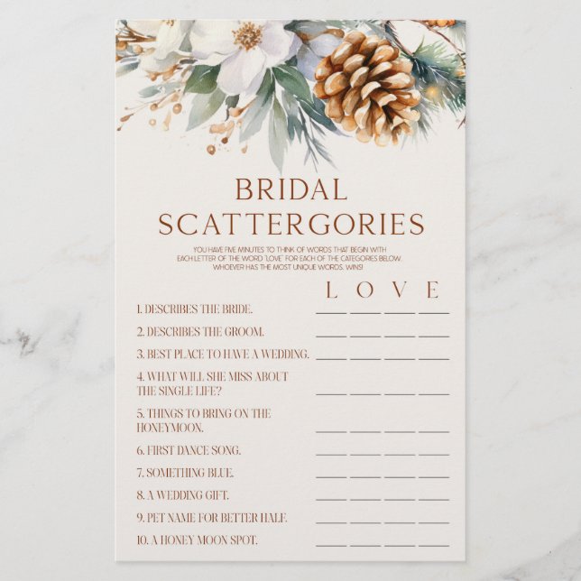 Pine Tree Bridal Scattergories Brautparty Spiel Briefpapier (Vorderseite)