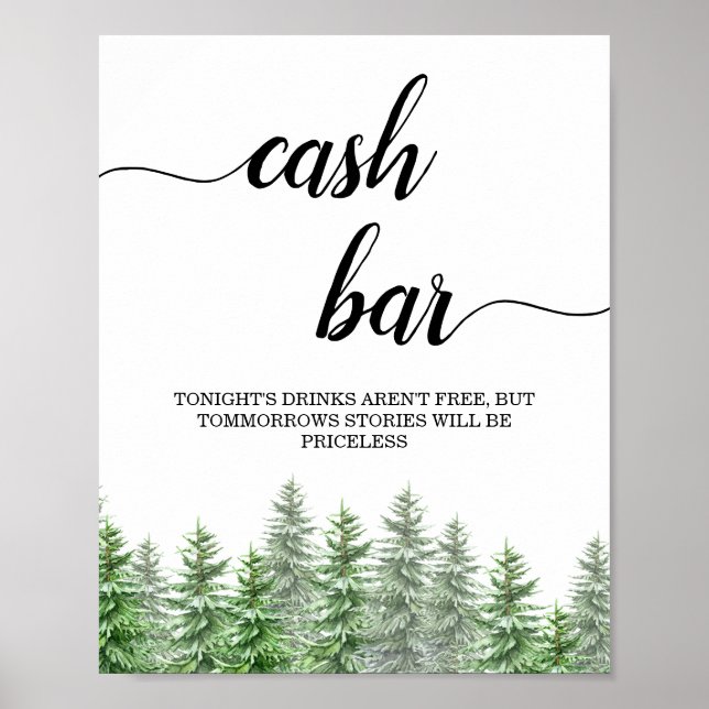 Pine Tree Calligraphy Cash Bar Sign Poster (Vorne)